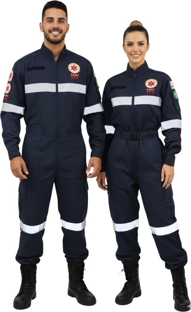 Casal com uniformes SAMU azul-marinho e faixas refletivas